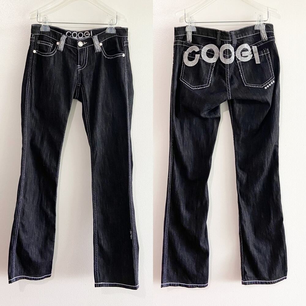 Coogi Boot Cut Black Jeans Silver Embroidered Logo Detailing 7/8 Vintage 90s Y2K